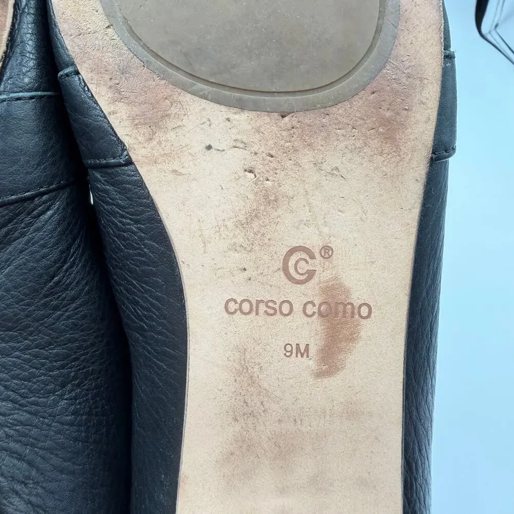 Corso Como Jatiba Black Leather Slip On Pointed Toe Polished Office Flat Loafers